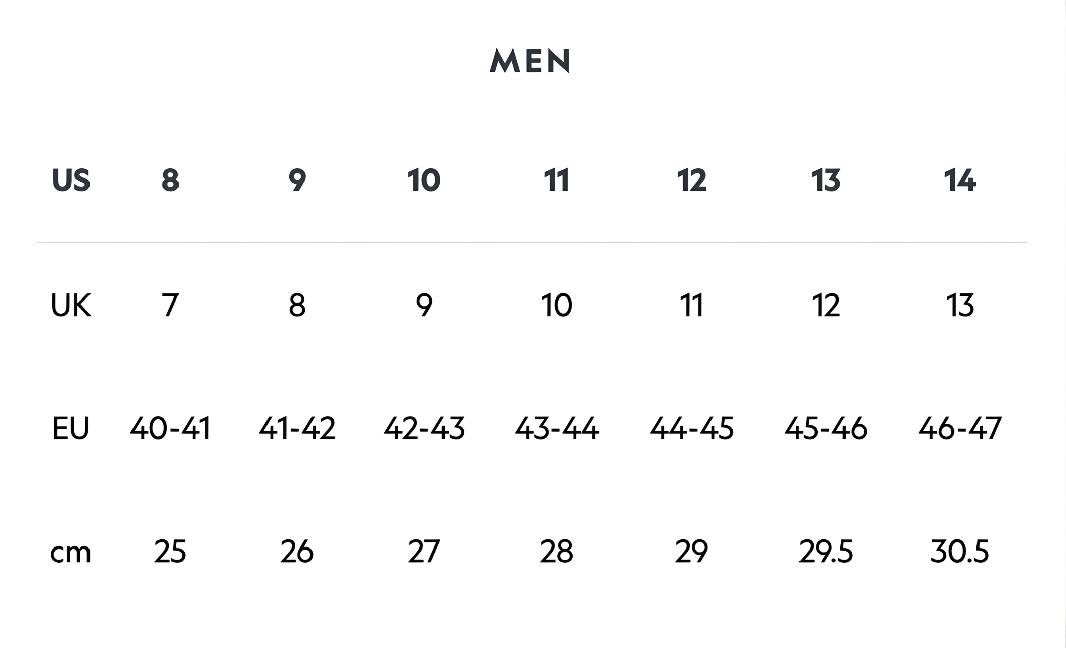 Size chart for men's clothing with US, UK, and EU measurements.