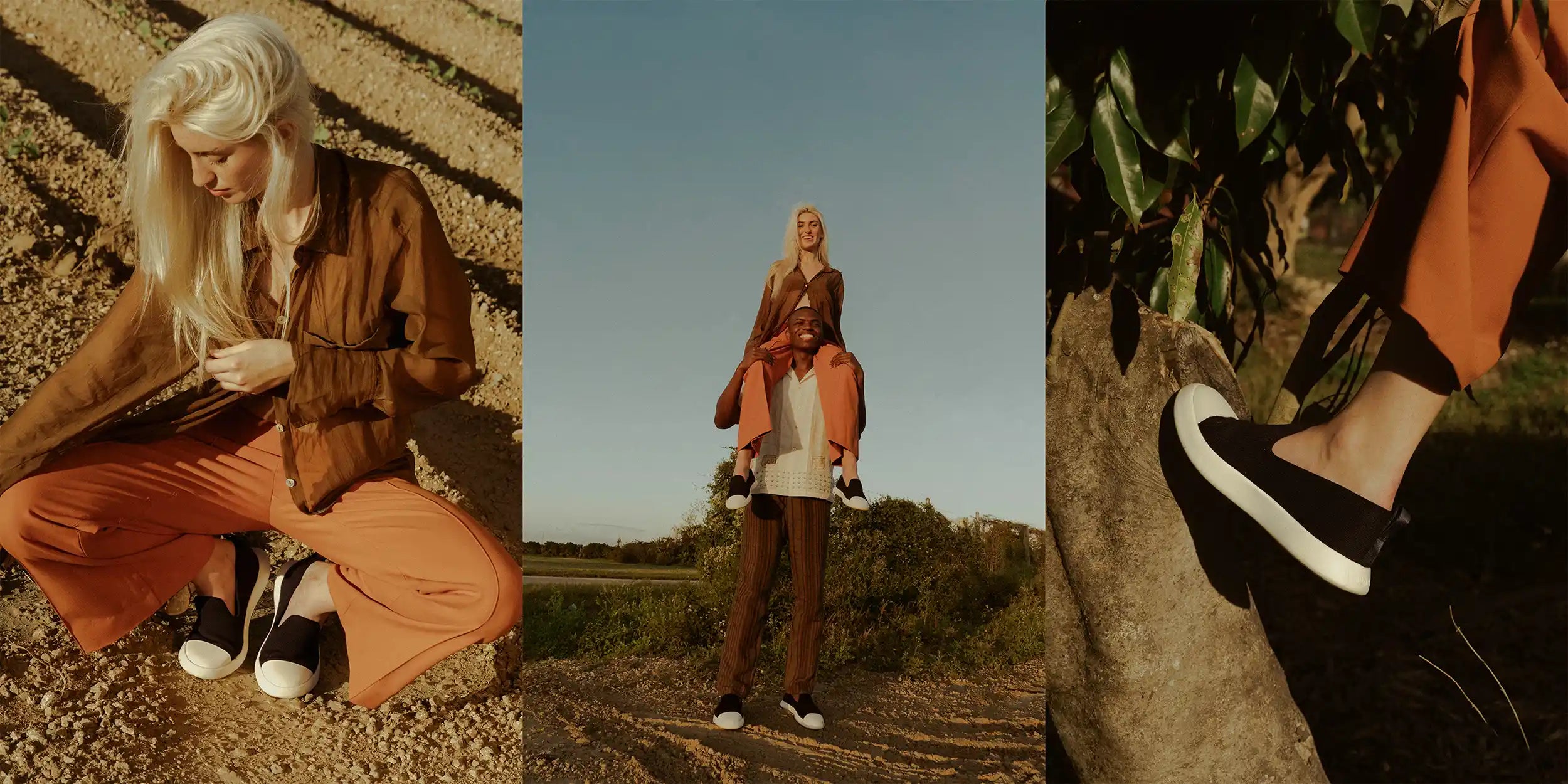 Three images showing a person in an outdoor setting, wearing a brown coat and orange pants.