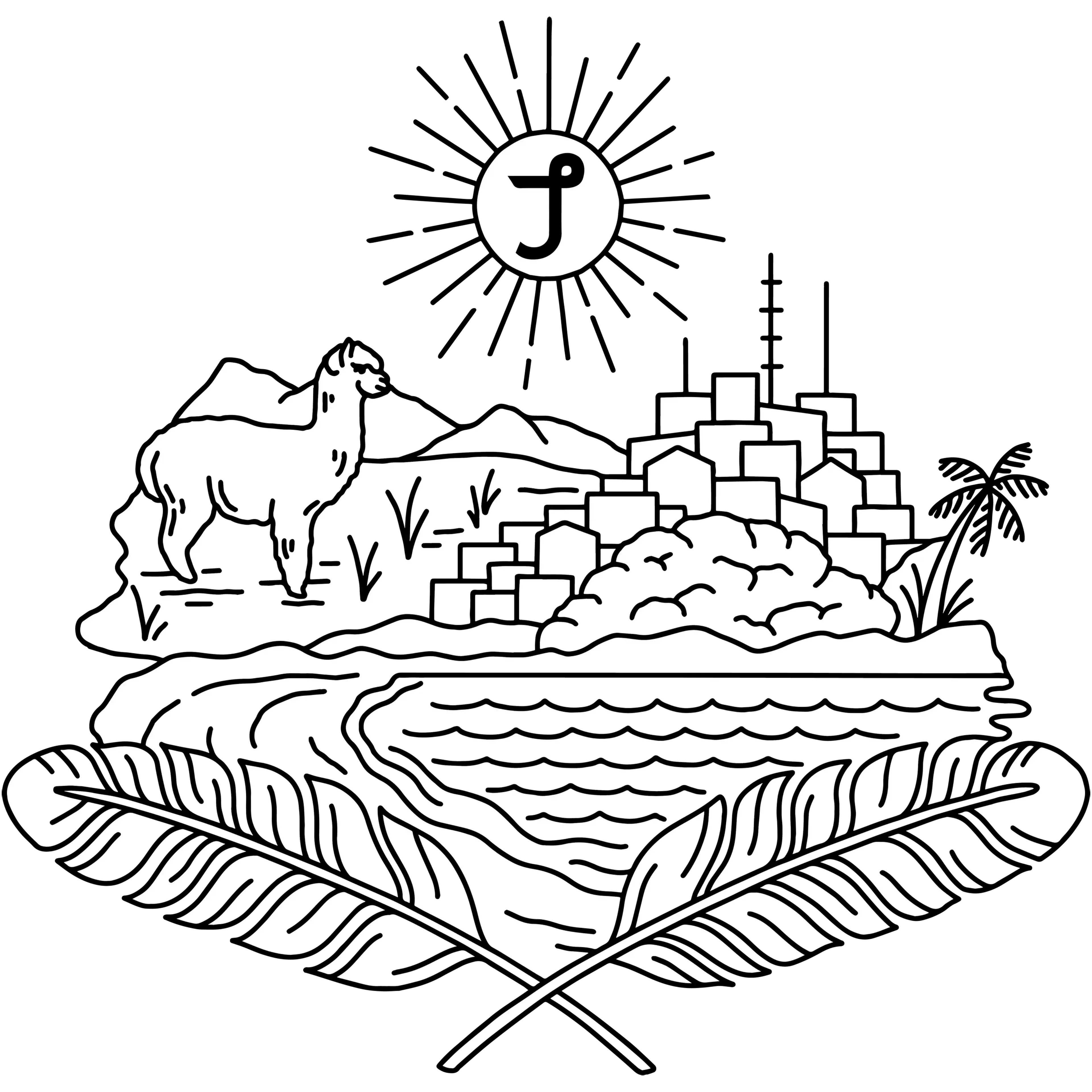 Black and white illustration of a landscape with mountains, a river, and a cityscape on a black background.